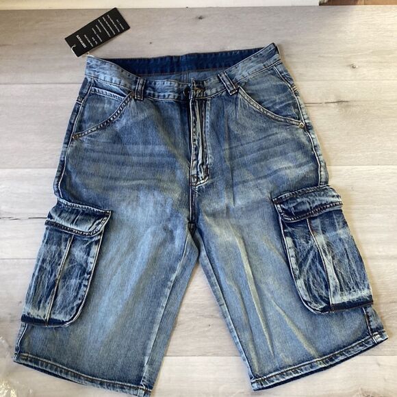 Play Bigg Jeans Men's Cargo Flap Pocket Wash Out Hip Hop Denim ShortsSize 32 NWT - Picture 11 of 15